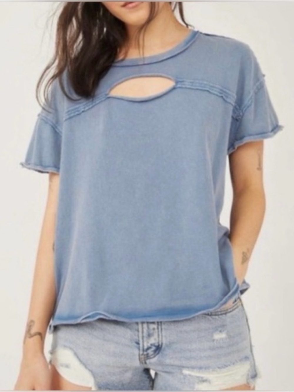 Free People Boho Oversized Washed Blue Short Sleeve Tee with Front Cutout XS